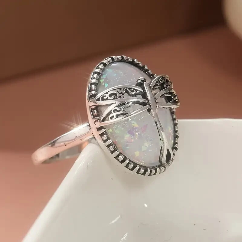 Elegant 925 Sterling Silver Rainbow Opal Charms Engagement Wedding Ring Size 9