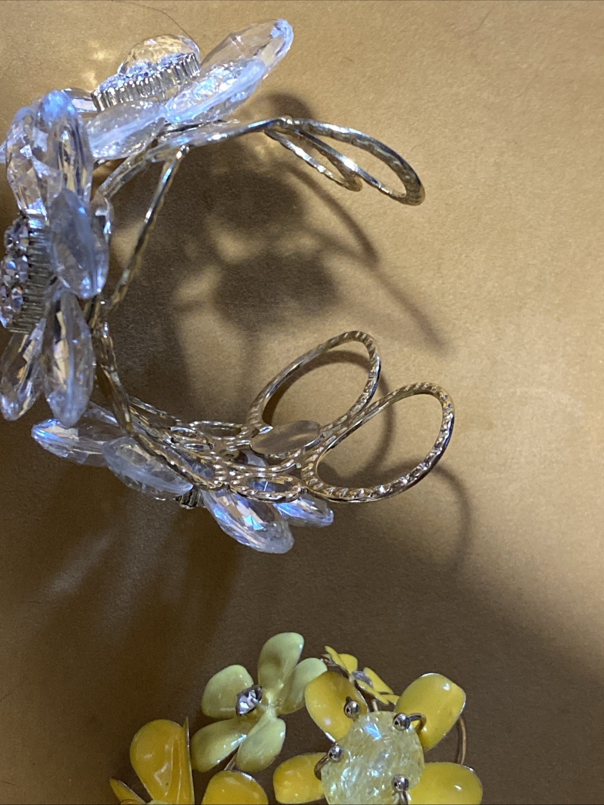 VTG Chunky Flower Cuff Bracelets (2) Metal Enamel Ceramic Flower Brooches Lot