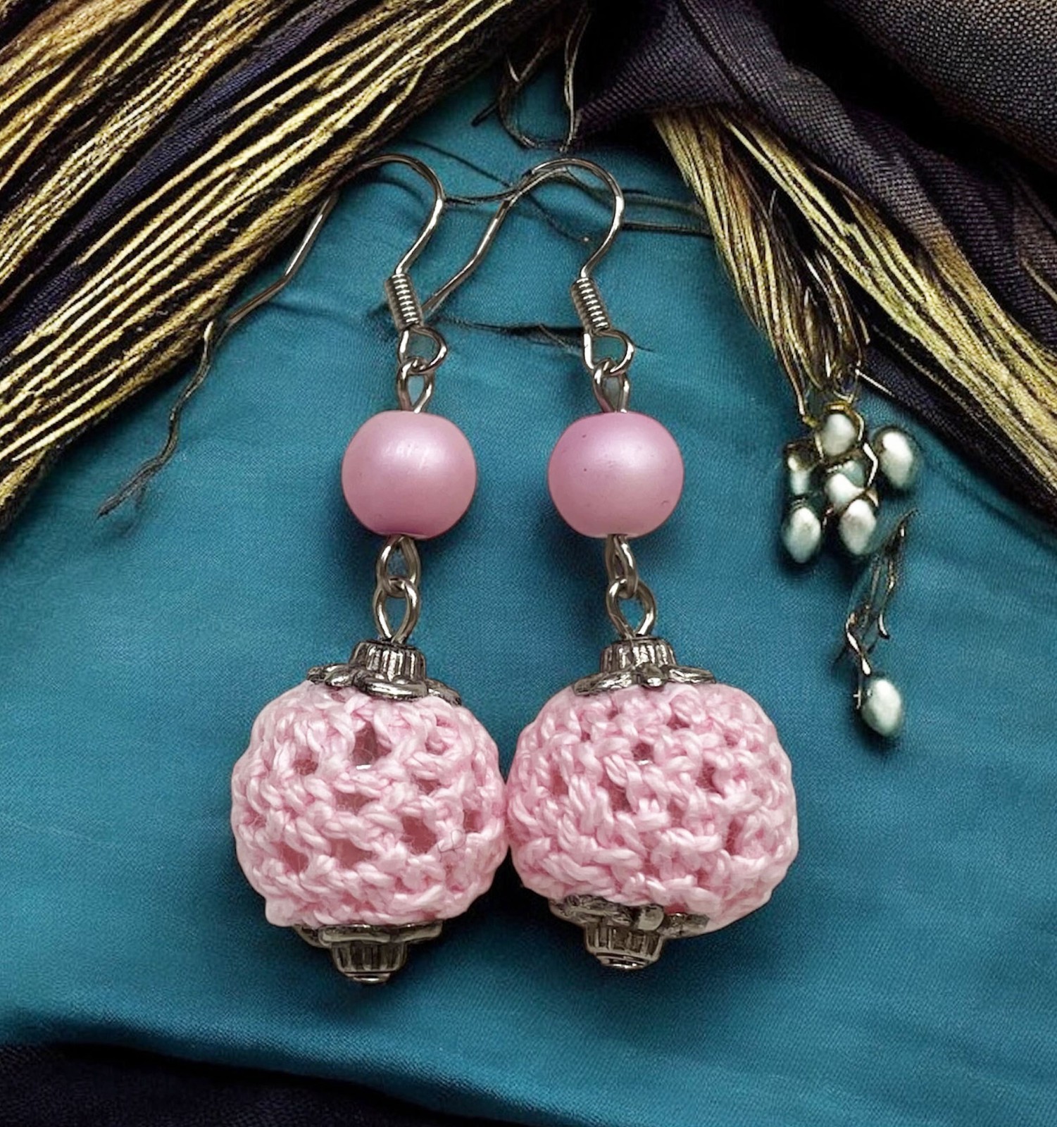 Crocheted Bead with Glass Earrings Handmade Dangle Jewelry FREE SHIPPING