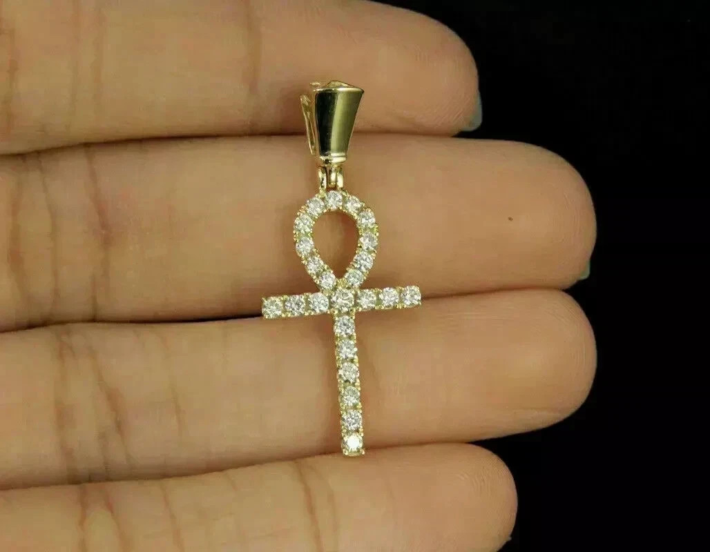 2Ct Round Cut Real Moissanite Ankh Cross Pendant Charm 14K Yellow Gold Plated