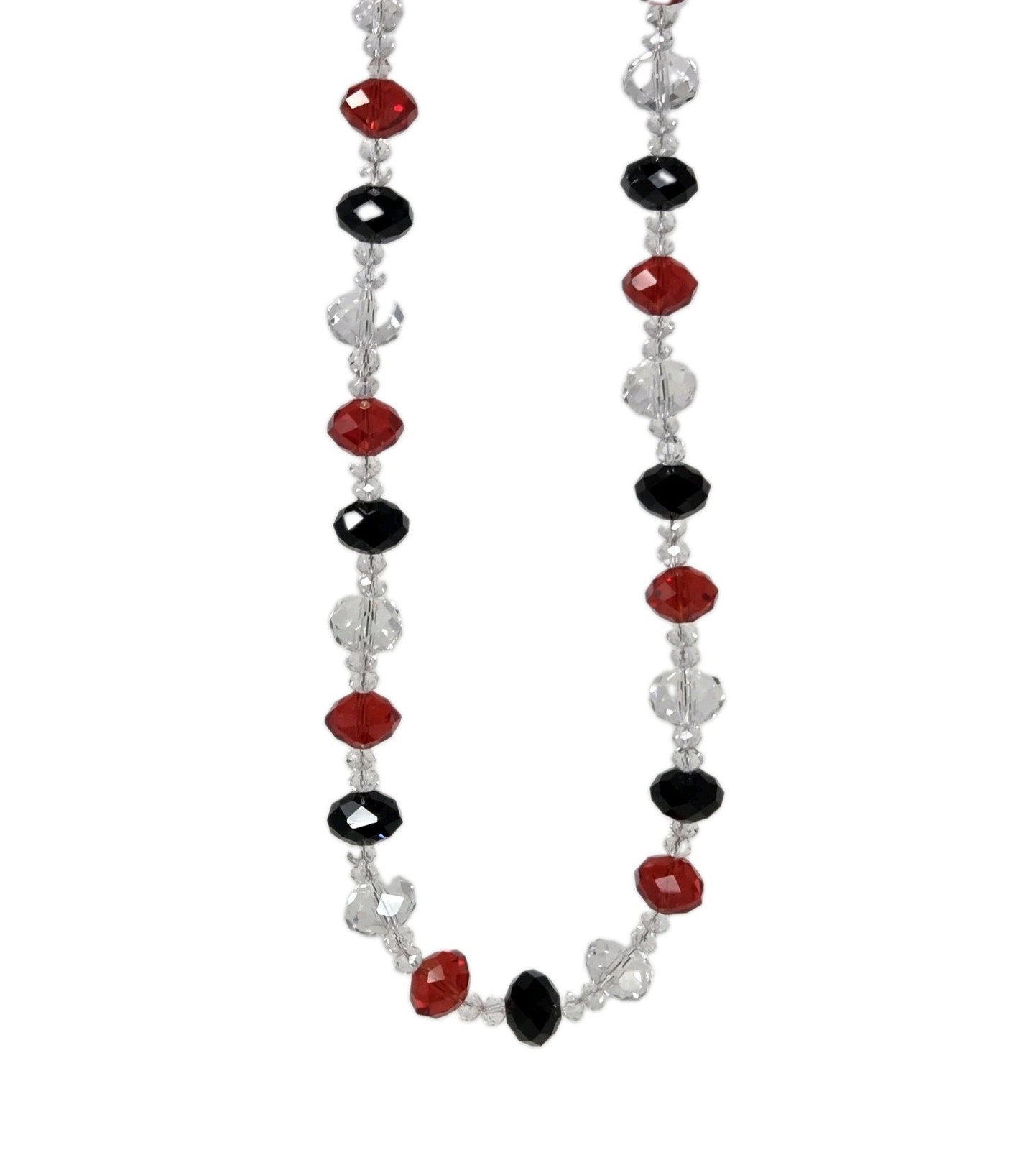 Red, Black, Clear Faceted Crystal Beaded Necklace 21 Inches Toggle Clasp Vintage