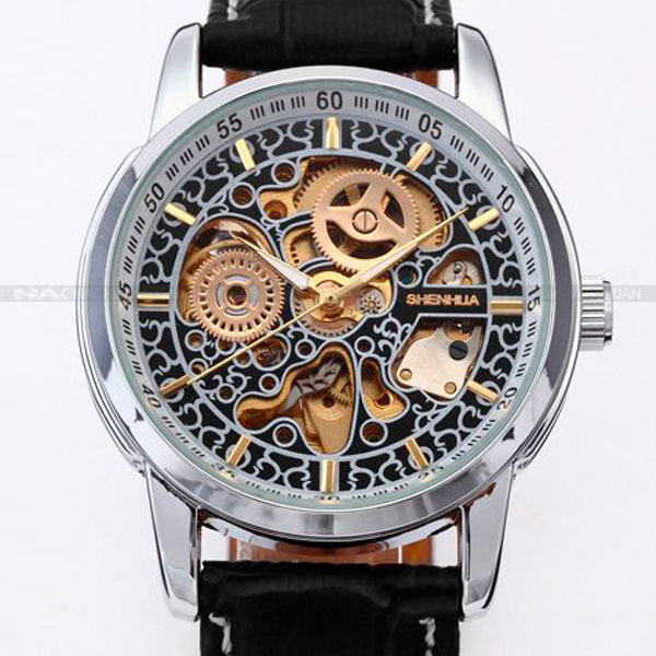 SHENHUA Skeleton Automatic Round Face Stainless Steel Leather Strap Watch