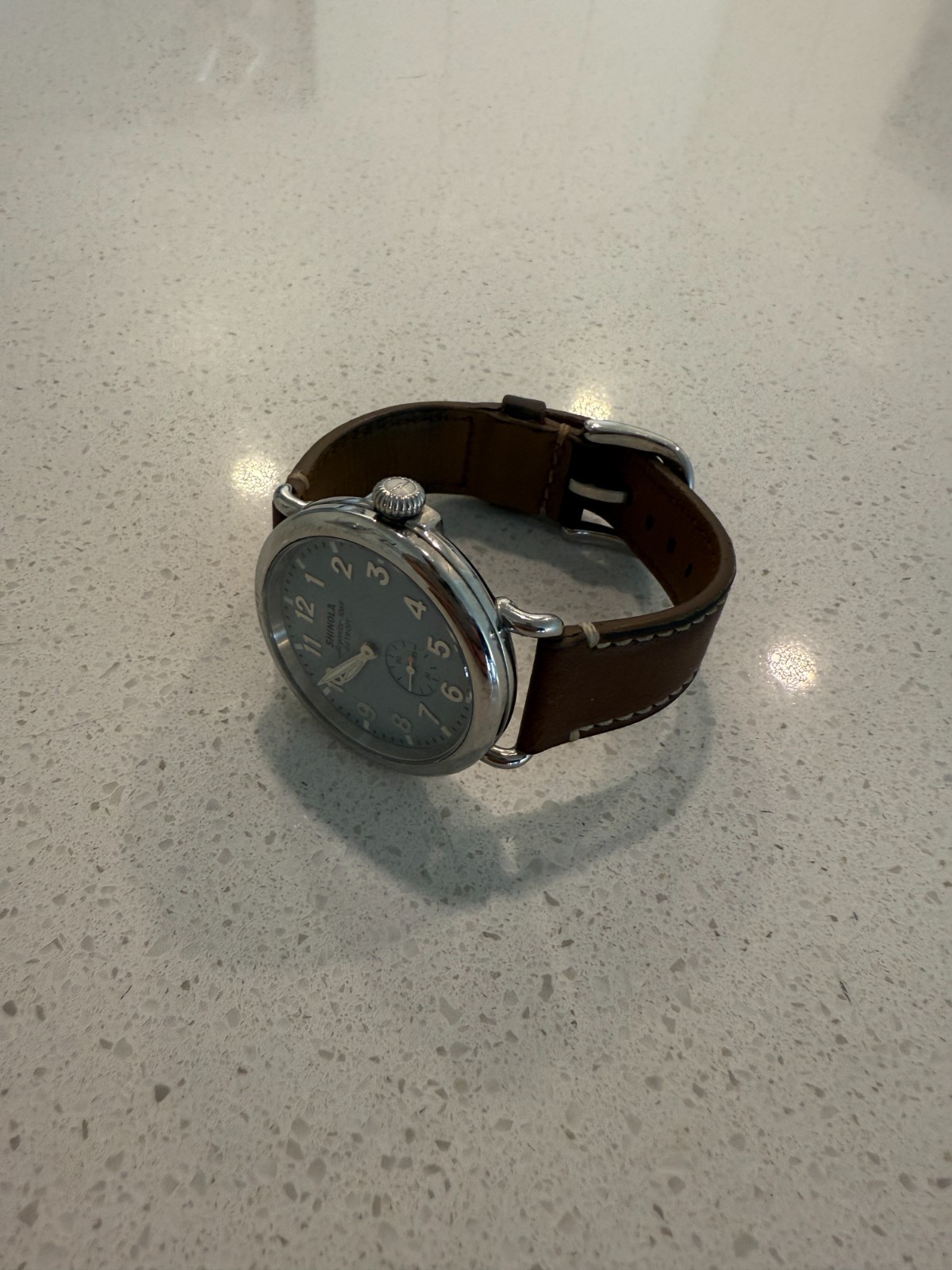 Shinola Runwell Argonite 1069 Quartz Unisex Slate Blue/Brown Leather Watch 41mm