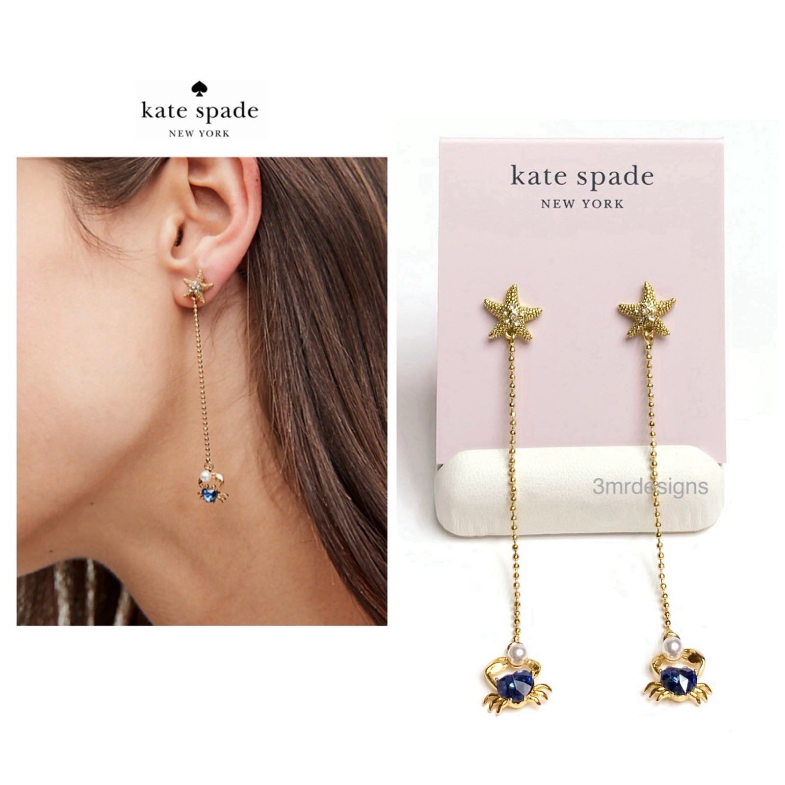 NWT Kate Spade SEA STAR CRAB 12-K Gold Plated CZ Stone/Glass Pearl Drop Earrings