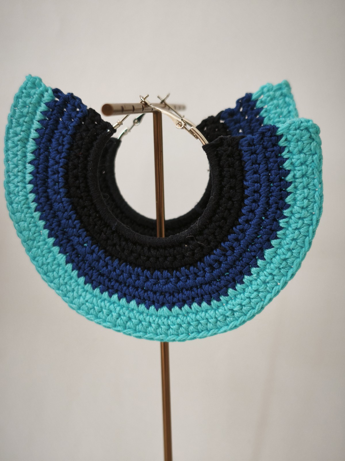 Blue striped statement crochet earrings, Blue extra large hoop earrings