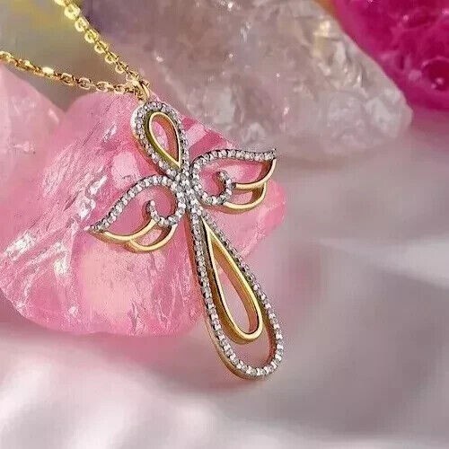 Stunning Angle Wings Pendant Round Cut Simulated Diamond 14k Yellow Gold Plated