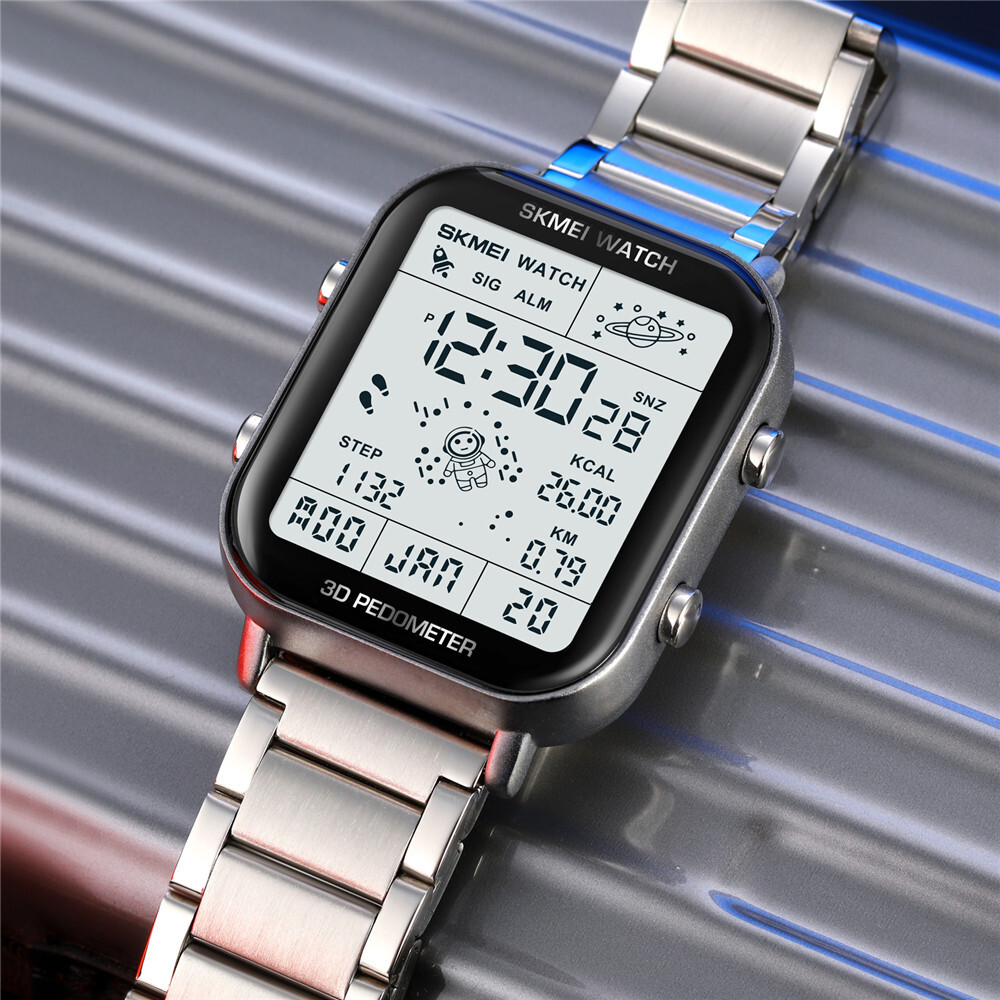 NEW Men Watch Rectangle Digital Wristwatch Full Steel Electronic Digital Watch
