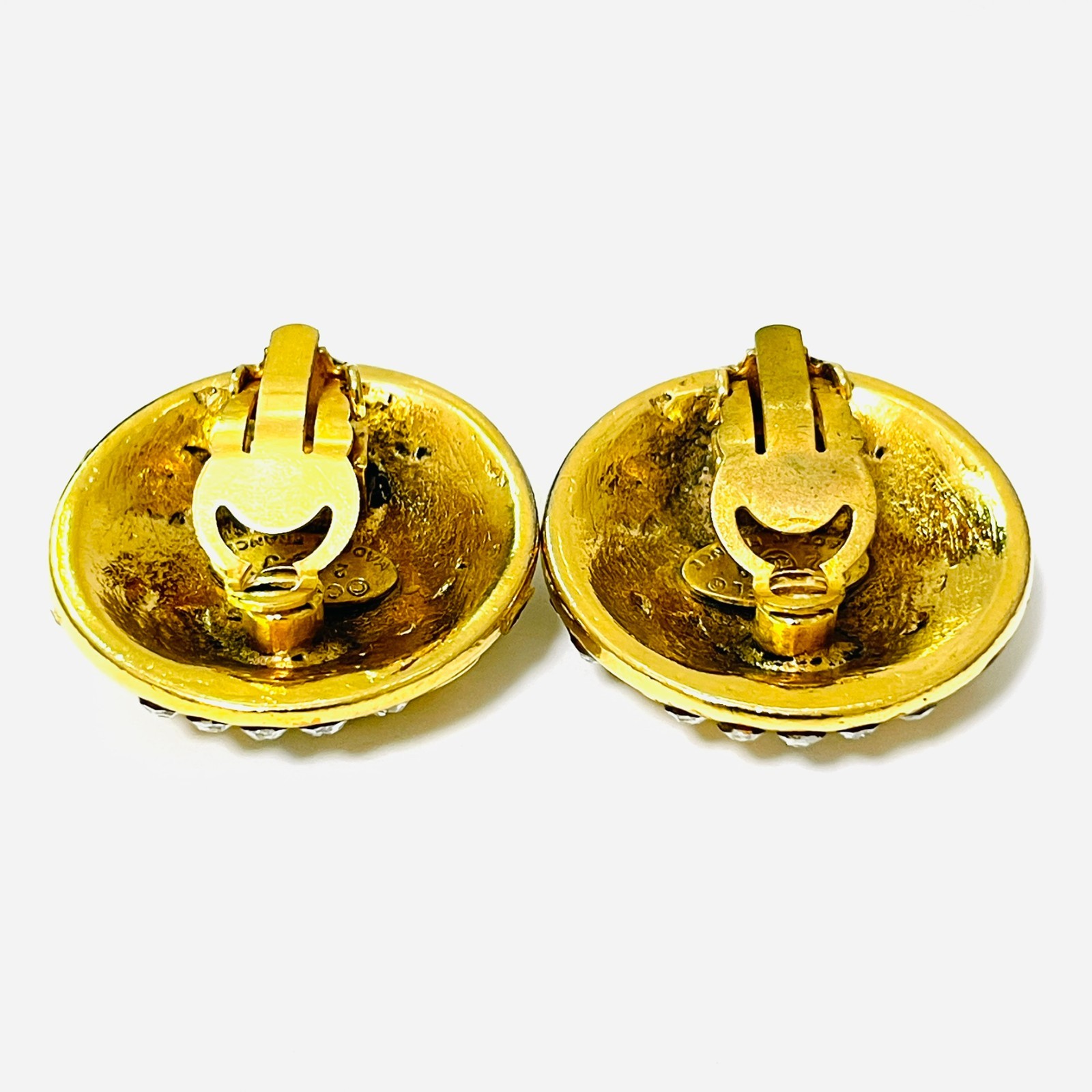 CHANEL 23 Coco Mark Rhinestone Earrings Gold CC Logo Vintage Clip-On JAPAN