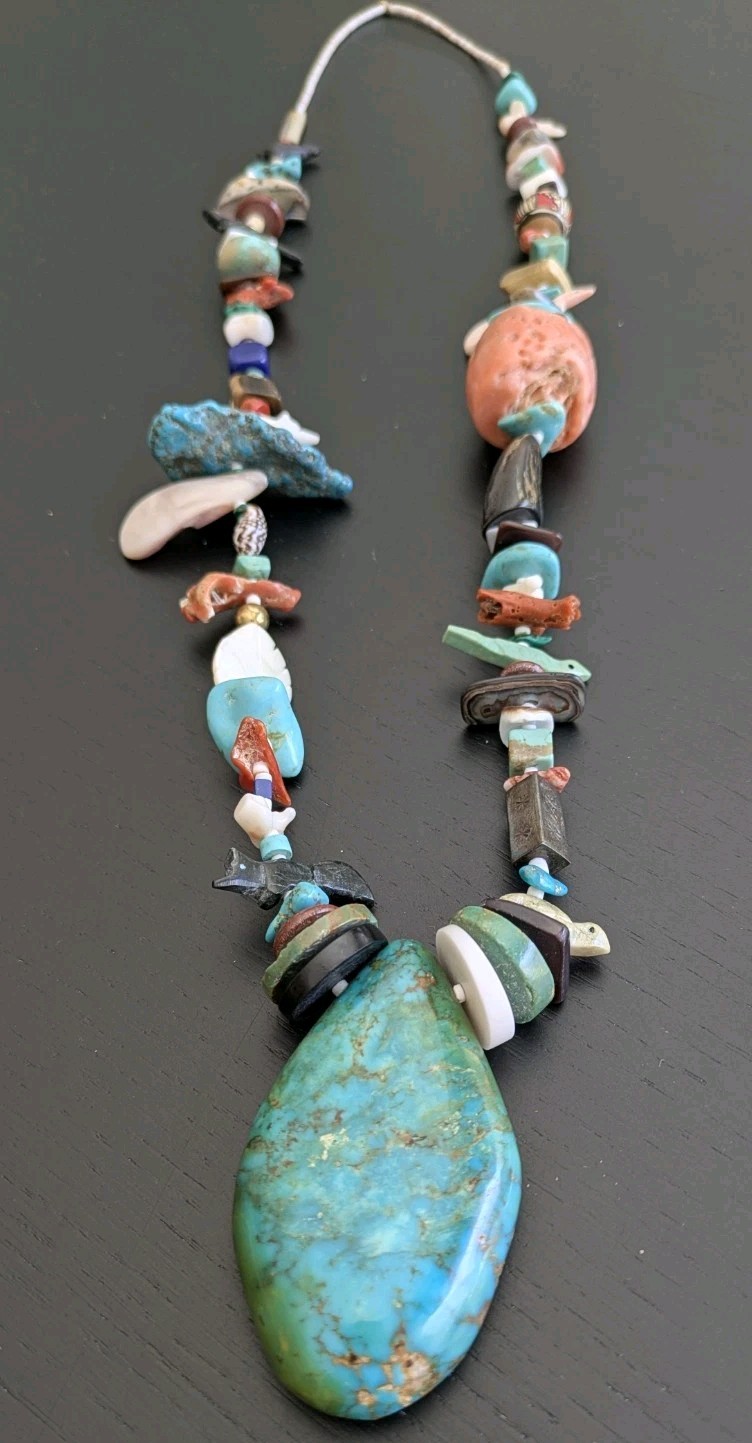 Native American 1970’s Treasure Necklace W/Large Turquoise Pendant & Fetishes