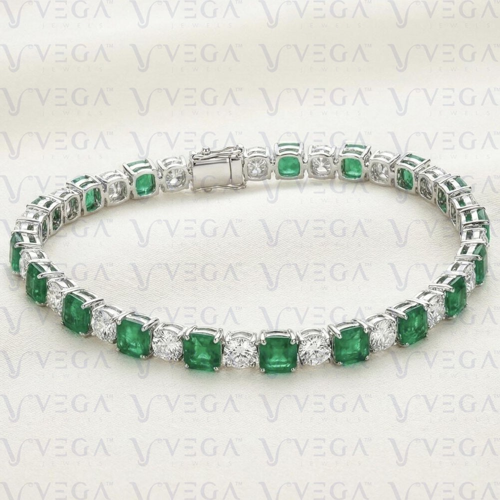 10.50Crt Asscher Natural Emerald & Diamond Tennis Bracelet 18K White Gold Plated