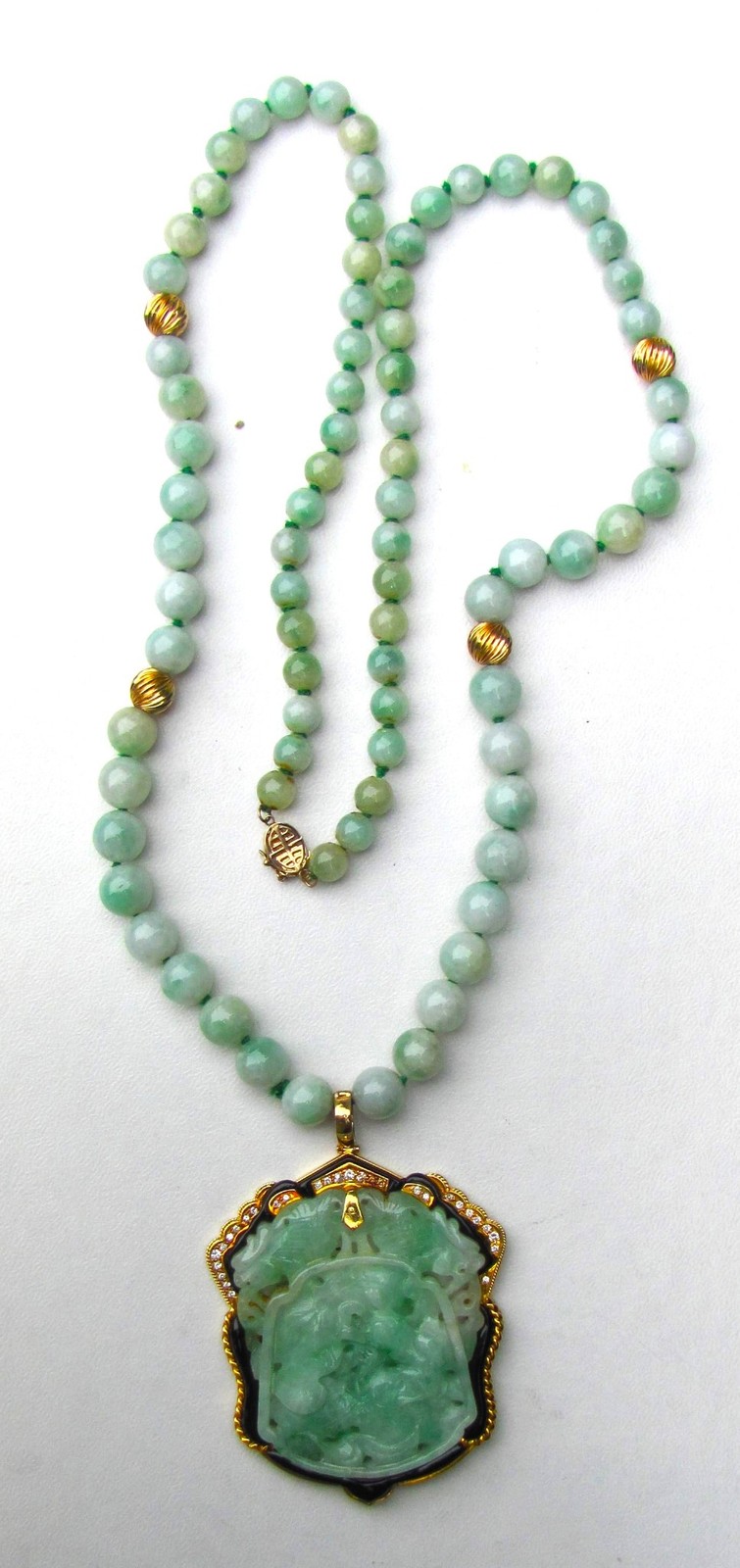 Vintage 14K and 18K Chinese Jade Diamond Onyx Necklace Mid 20th Century