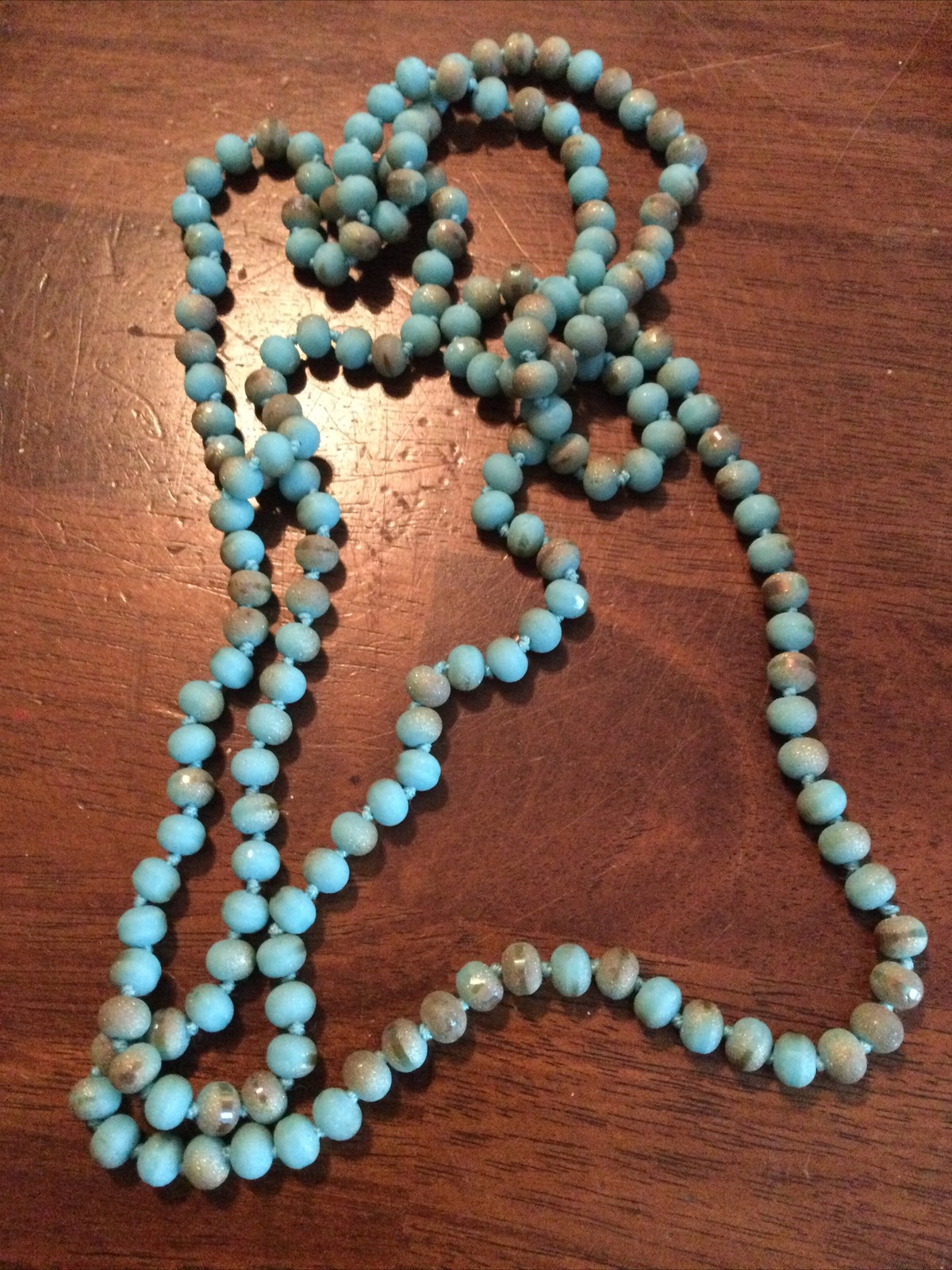Sky Blue Turquoise Color Dyed Stone Cloth Knotted Necklace 62in Strand Fashion