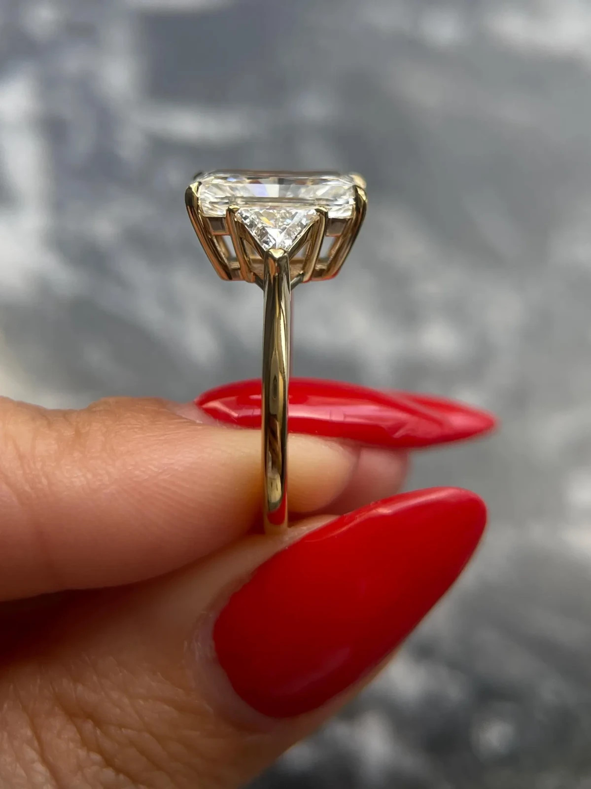 4Ct Radiant-Cut Lab Grown Diamond Three Stone Engagement Ring in 14k Yellow Gold