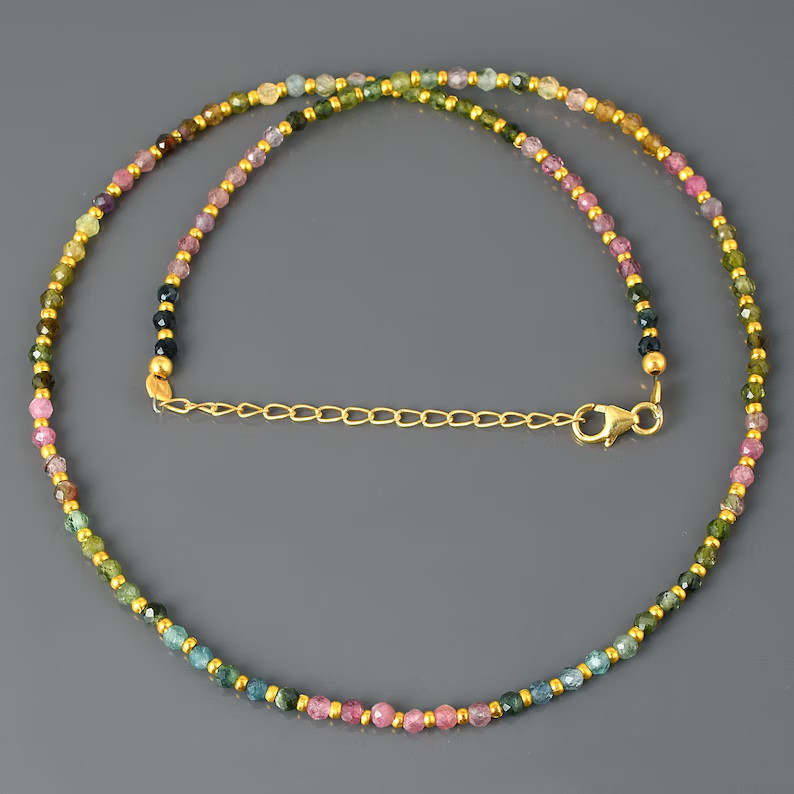 Natural Multi Tourmaline 3mm Round Beaded Necklace 925 Silver 18″ Handmade Gift