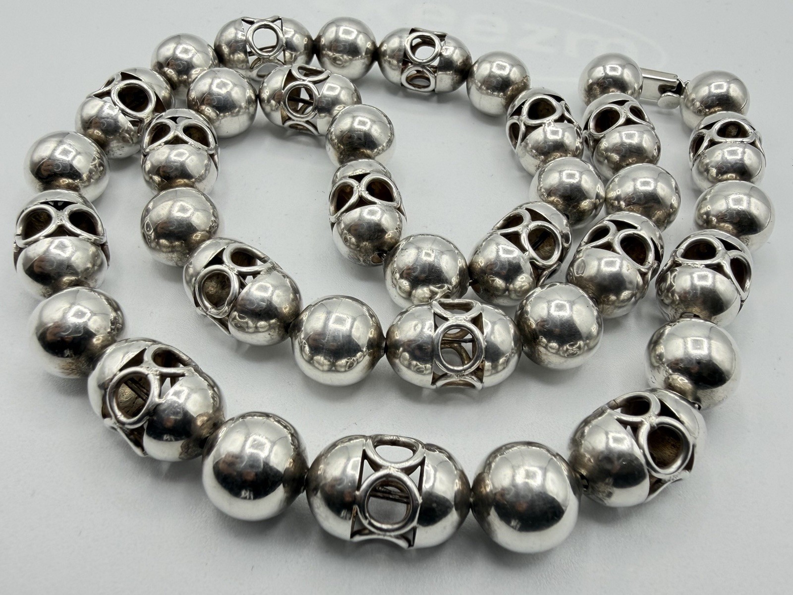 114g VTG Taxco Mexico 925 Sterling Silver Lantern Ball Bead Heavy Necklace 27”