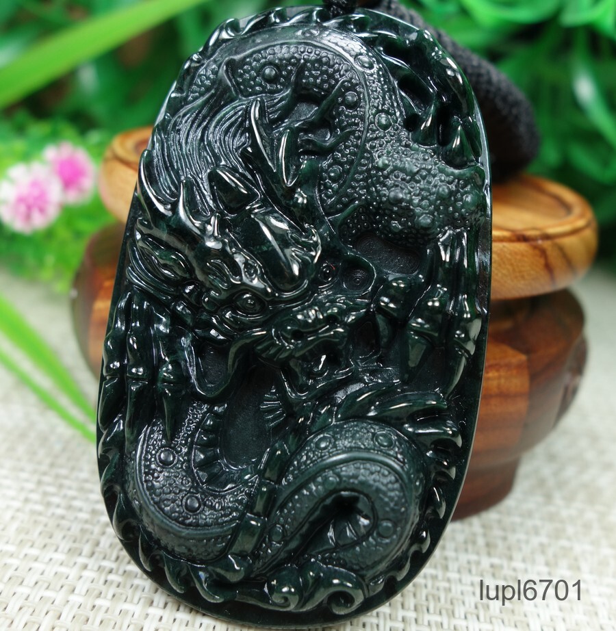 Certified Black green Burma Type A 100%Natural A Jadeite Jade Pendant~Dragon墨翠龙