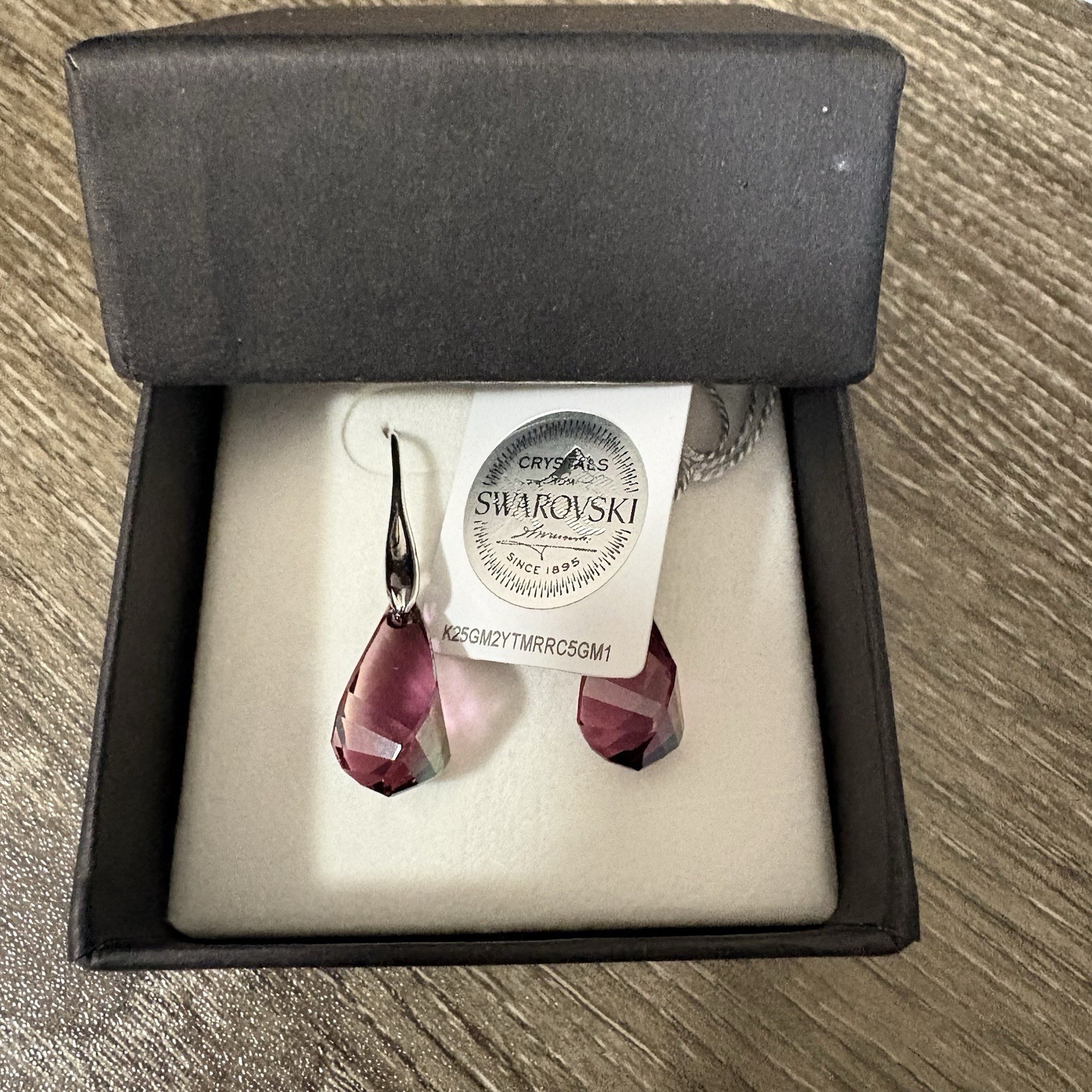 Teardrop Earrings with Swarovski Crystals Purple Faceted Stone Silver Tone 1.25″