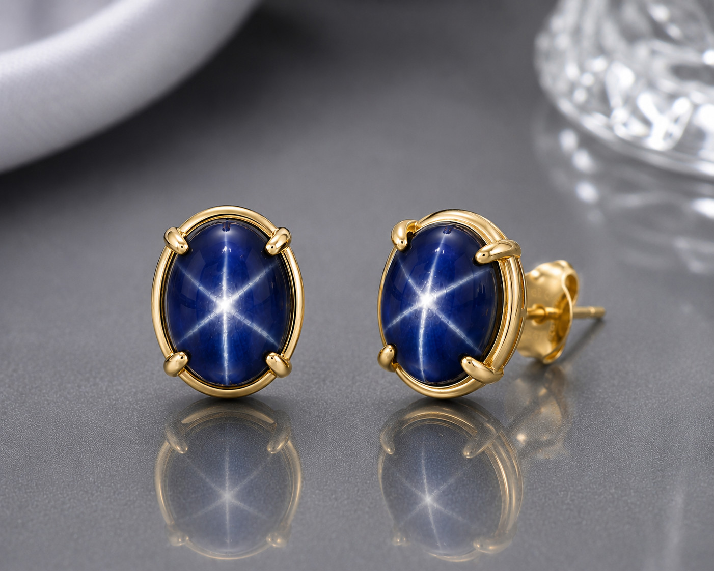 6 Ray Blue Star Sapphire Stud Earring 925 Sterling Silver Oval Shape Gemstone