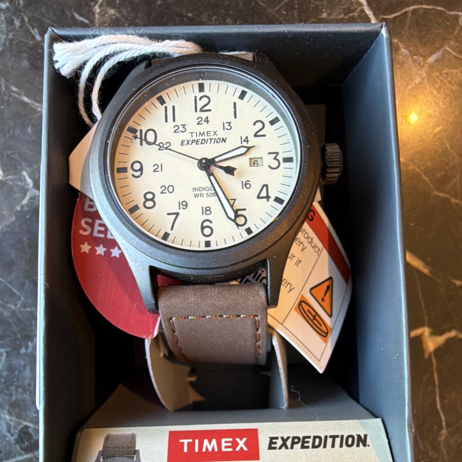 Timex Expedition Men’s 40mm Quartz Watch White Dial Brown Leather Date 50m Box