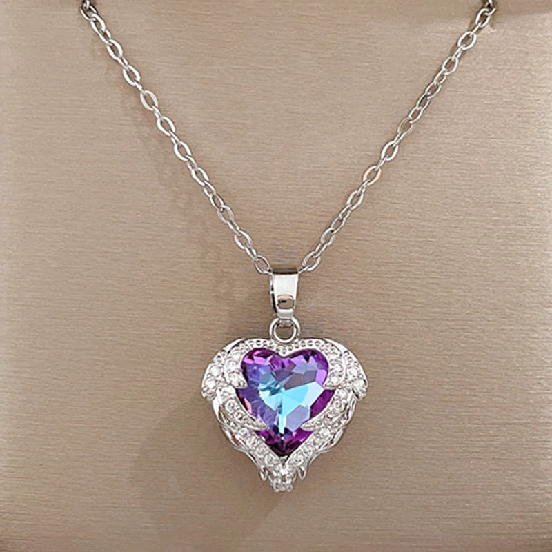 Trendy Rhinestone Heart Pendant Necklace Women 18k Gold Silver Plated Titanium