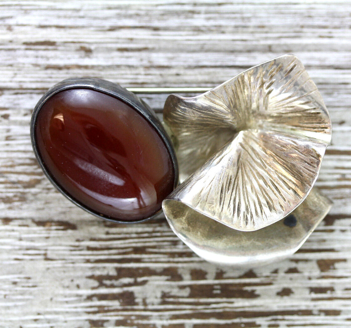 JAMES ANDERSON STUDIO ARTISAN STERLING SILVER BROOCH CARNELIAN HANDMADE VINTAGE