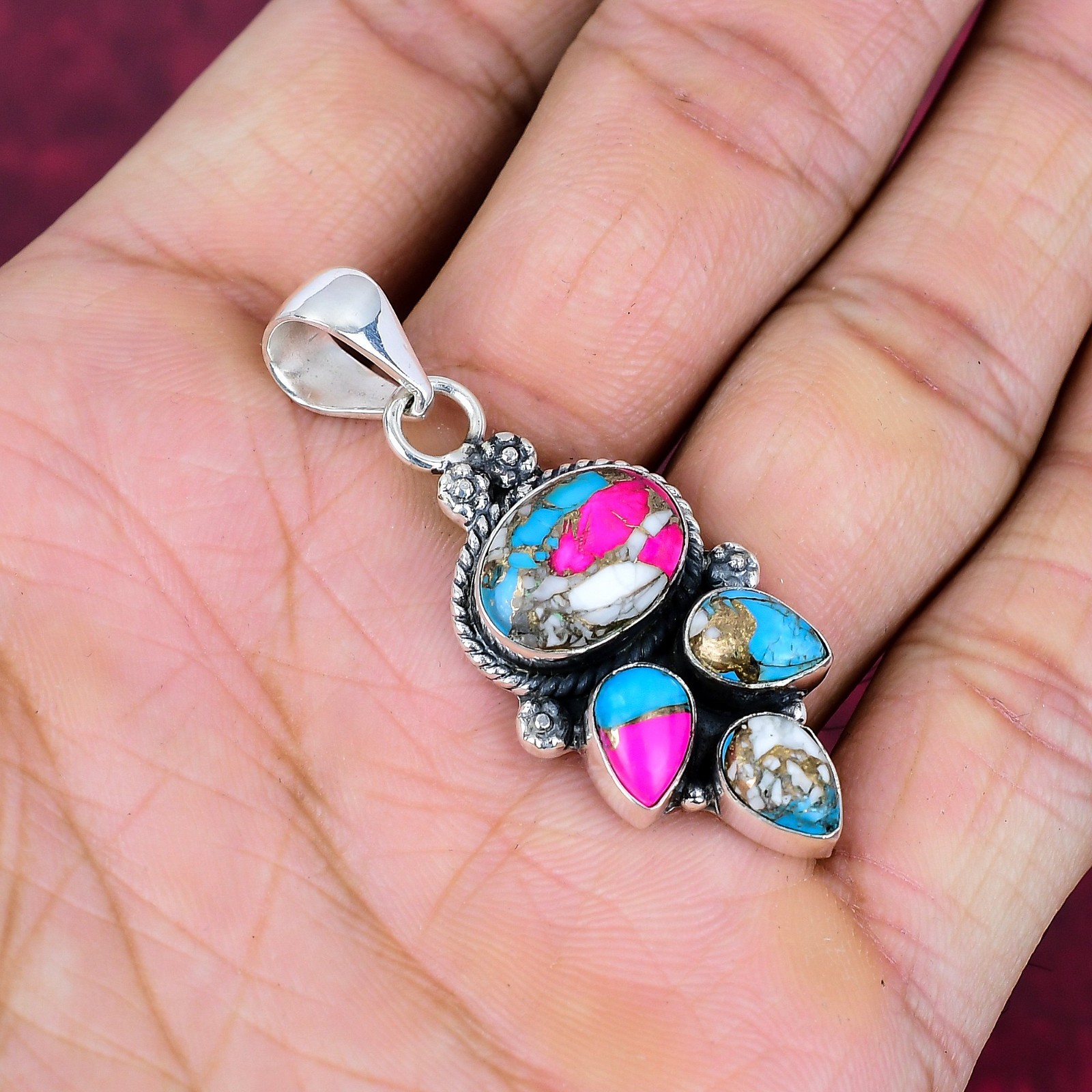 Cotton Candy Turquoise Gemstones Handmade 925 Sterling Silver Pendant Jewelry
