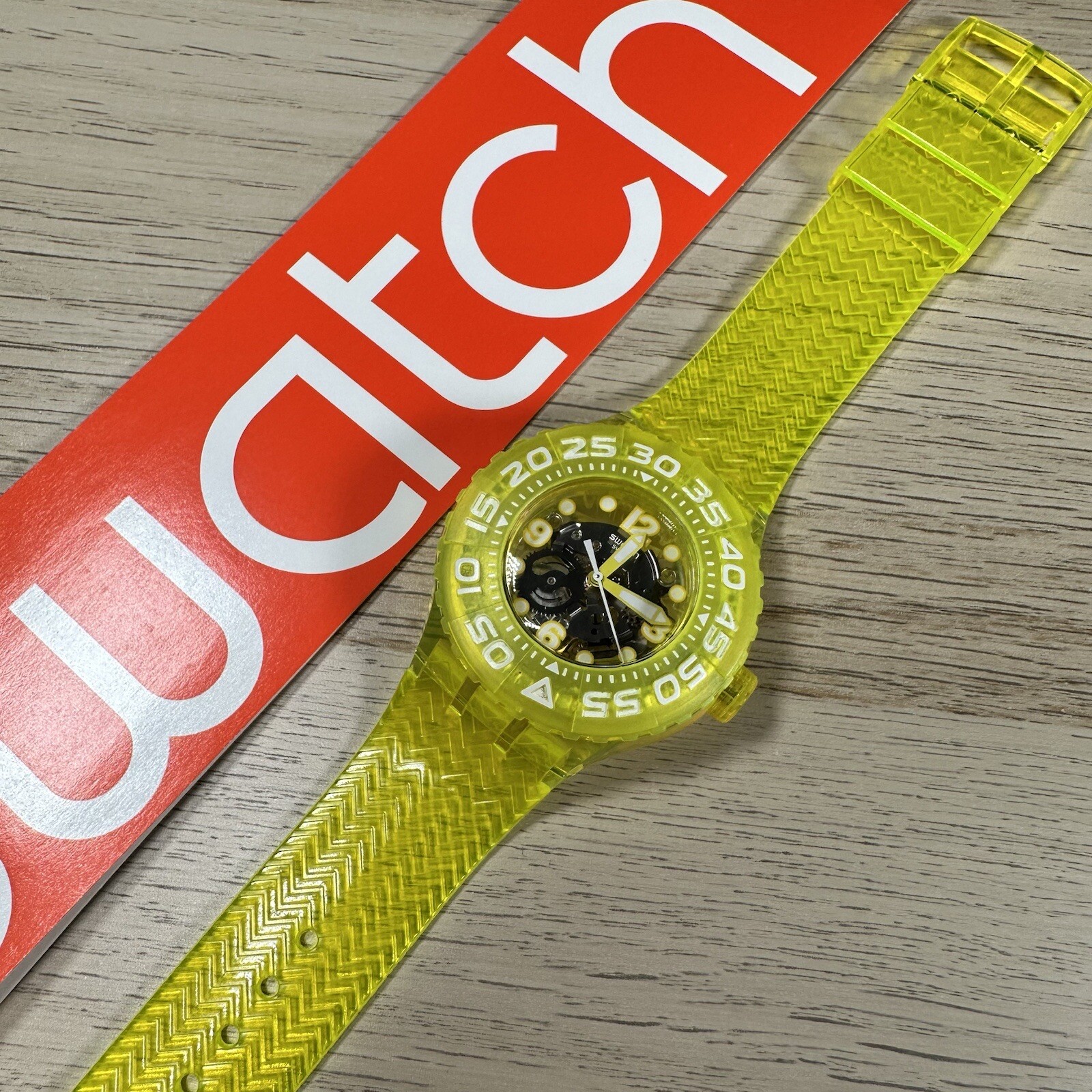 NEW✅ Swatch Yellow Lemon Profond Skeleton Dial Translucent Lemon Yellow Watch