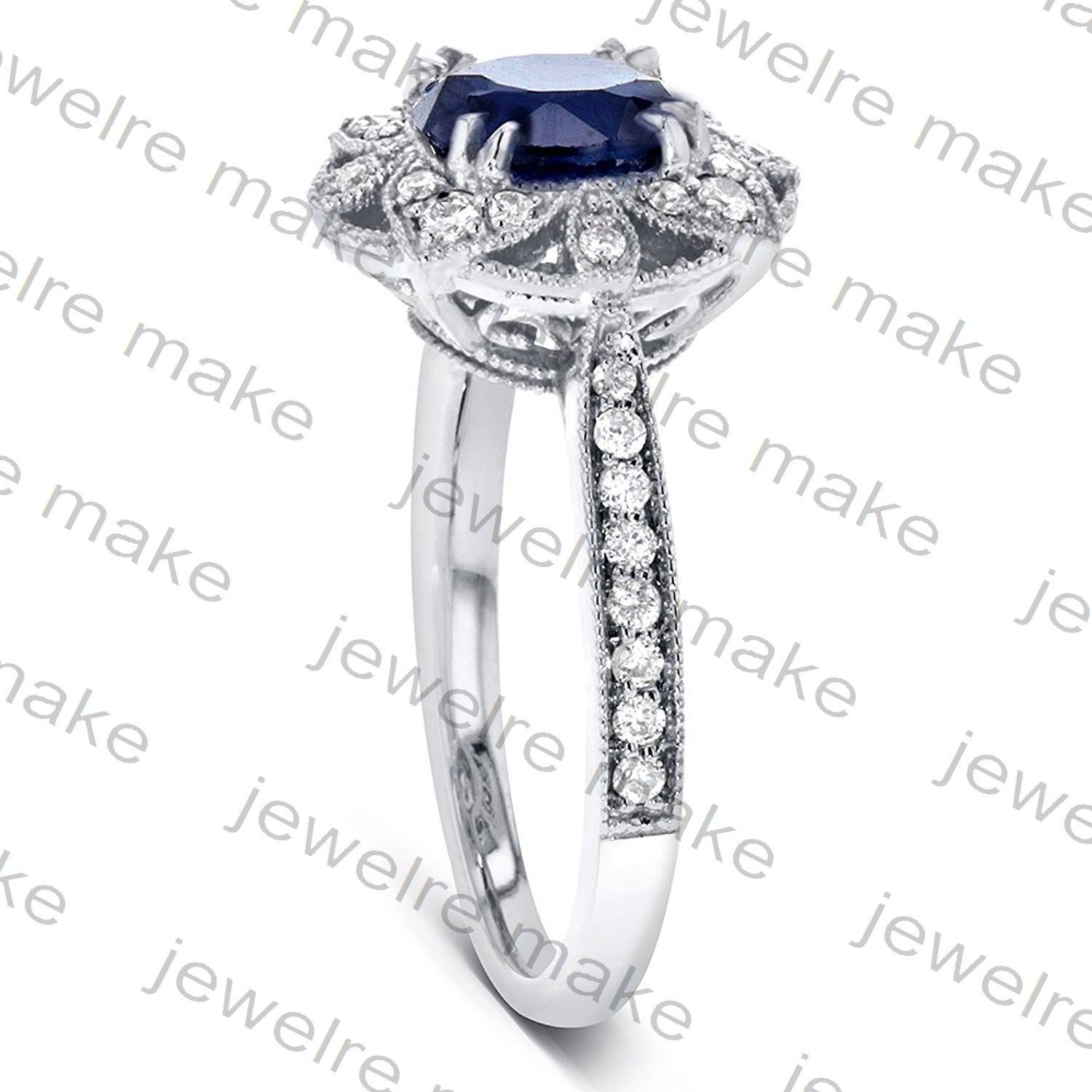 1.25ct Blue Sapphire CZ Antique Floral Engagement & Wedding Ring 925 Silver