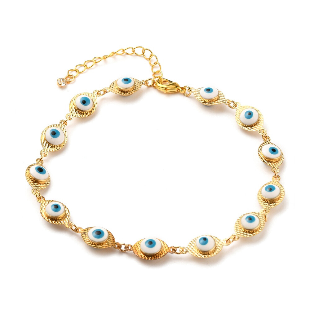 Brass Enamel Evil Eye Link Chains Anklet Bracelet Lobster Clasp Gold 9.6″ Z7
