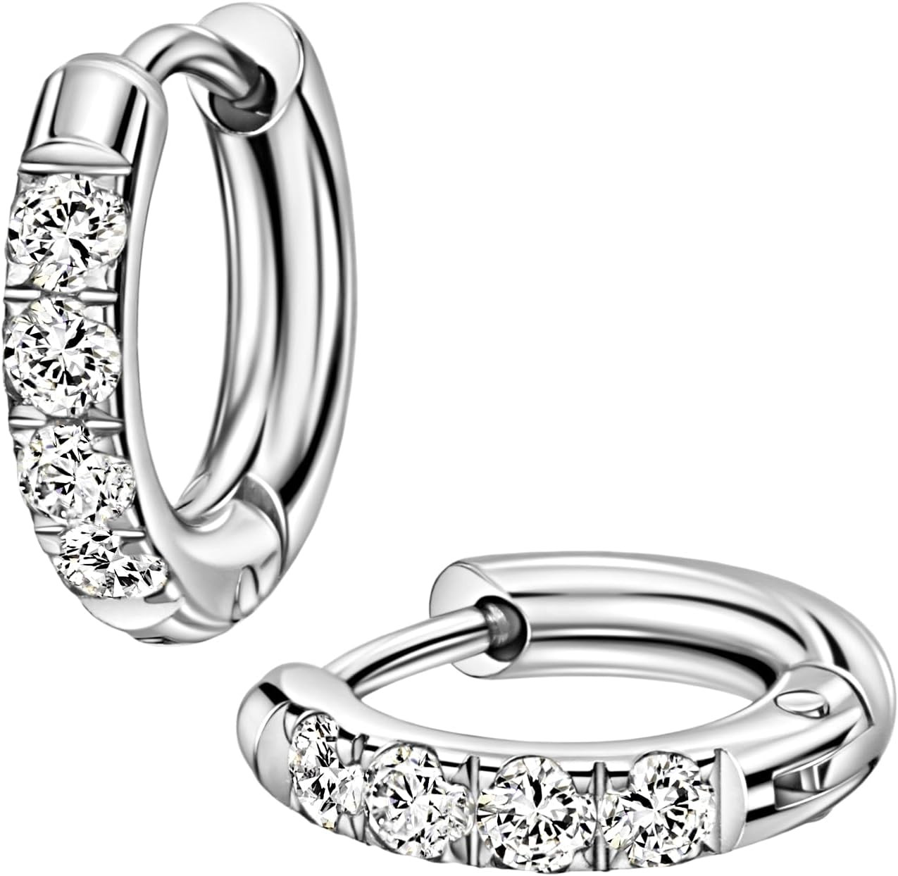 316L Surgical Stainless Steel Huggie Hoop Earrings with Cubic Zirconia, 10G 12G