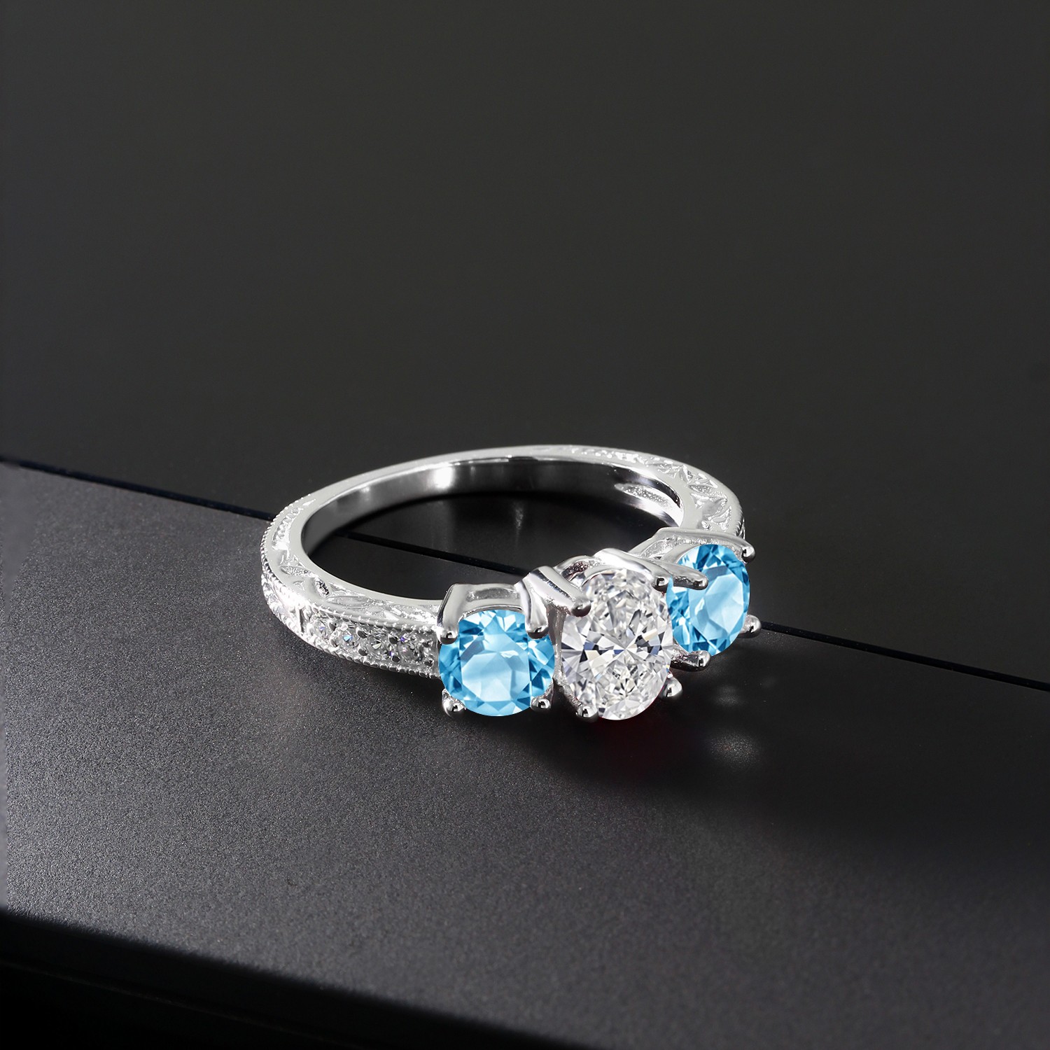 10K White Gold Lab Grown Diamond and Swiss Blue Topaz 3 Stone Engagement Ring
