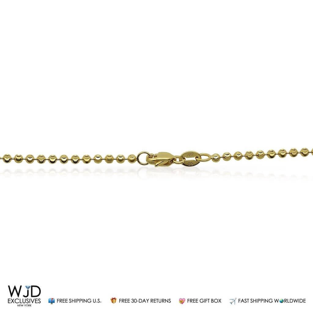 Solid 14K Yellow Gold Half Moon Cut 2mm Bead Ball Chain Necklace 20″-28″