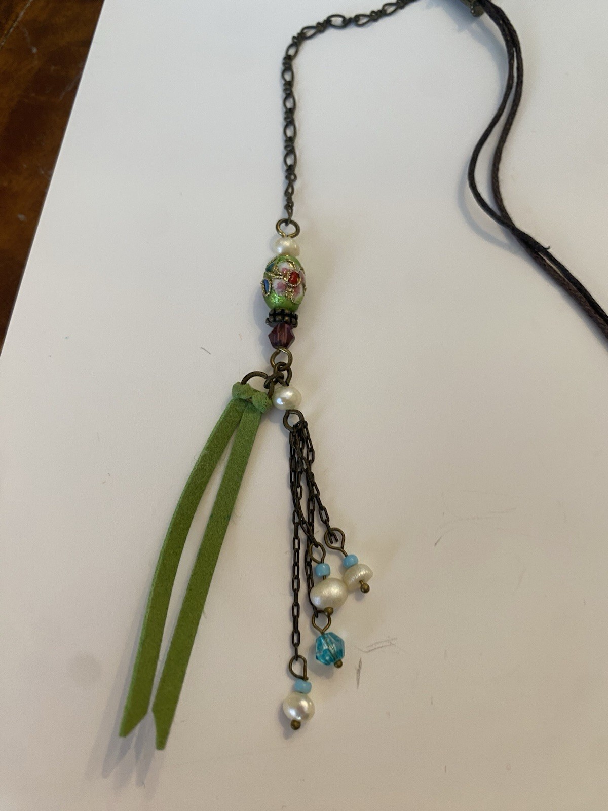 Handcrafted Multicolor Glass Beaded Tassel Pendant Necklace, Leather Cord, Brass