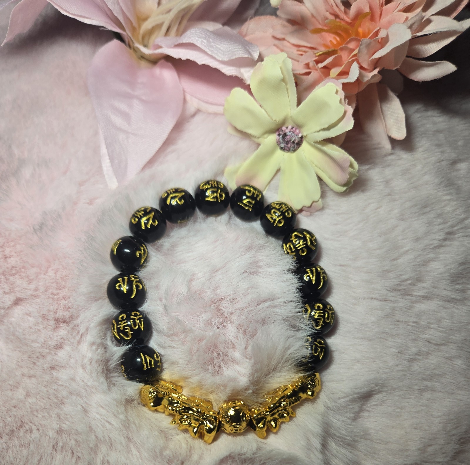 Handmade Black Obsidian Feng Shui Bracelet With Gold Plated Pixiu