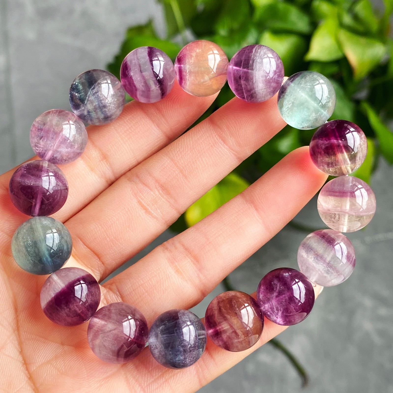 13.7mm Natural Color Fluorite Quartz Crystal Gemstone Beads Bracelet 2889