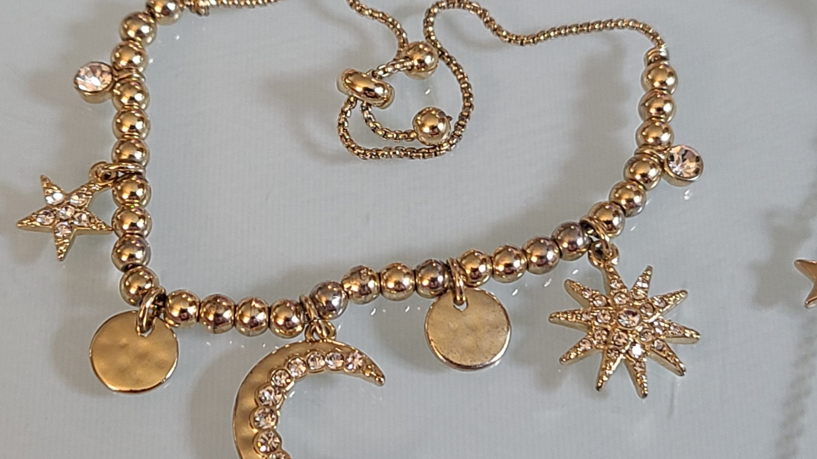 Vintage Unsigned Celestial Moon & Stars Necklace Silver Tone Baroque Pearl Resin