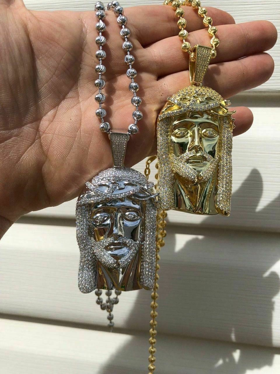 3″ Jesus Pendant Piece Solid 925 Silver /14k Gold Plated ICY CZ & Moon Cut Chain