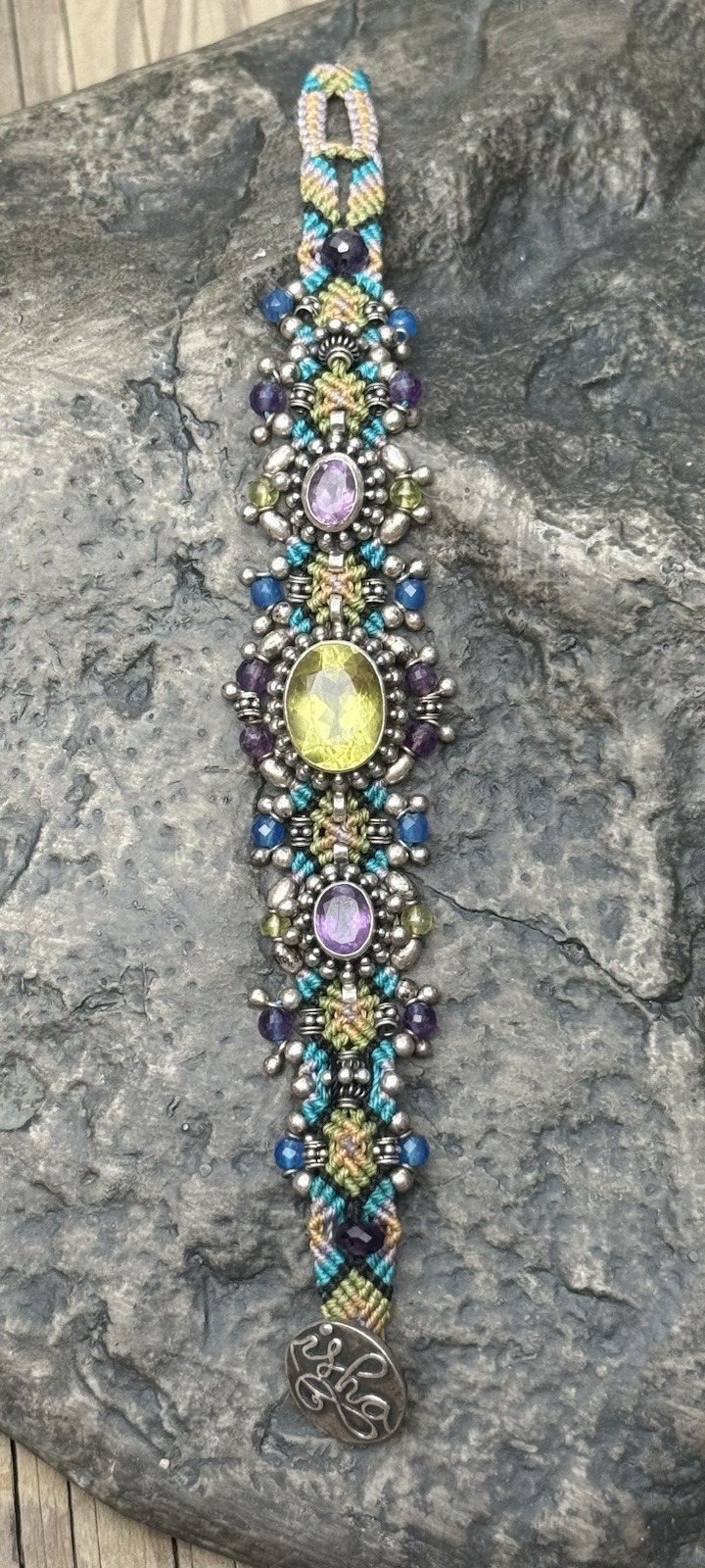 Isha Elafi Knotted OoAK Bracelet Amethyst, Apatite , Peridot 925 Silver