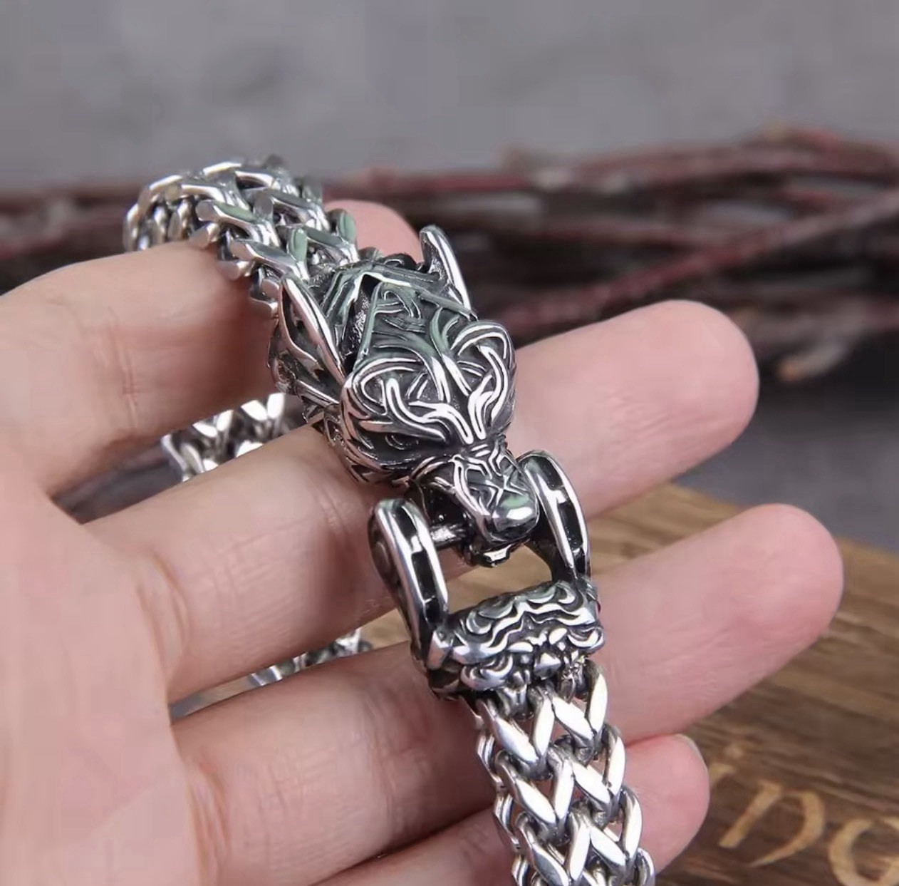 Men’s Retro Viking Wolf Head Bracelet, Vintage Fashion, Stainless Steel, 21cm