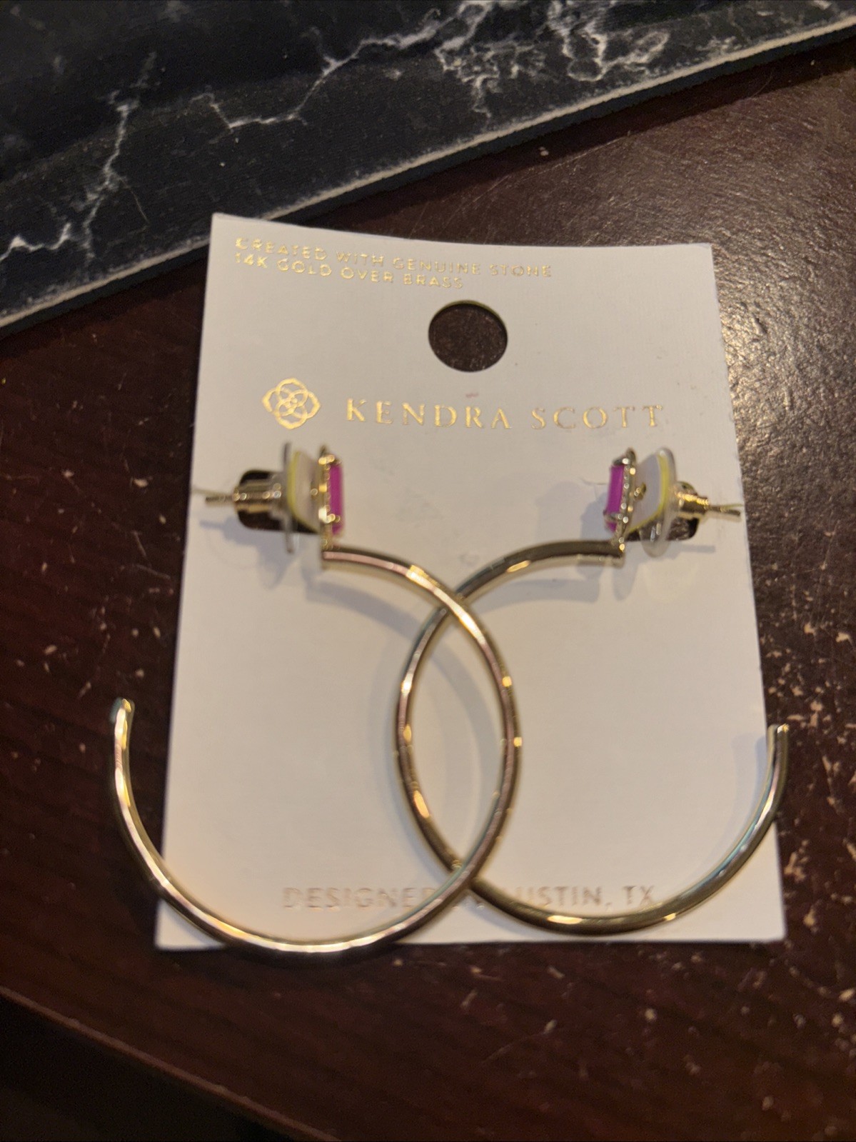 Kendra Scott 14K Gold Over Brass Hoops Pink Stone new