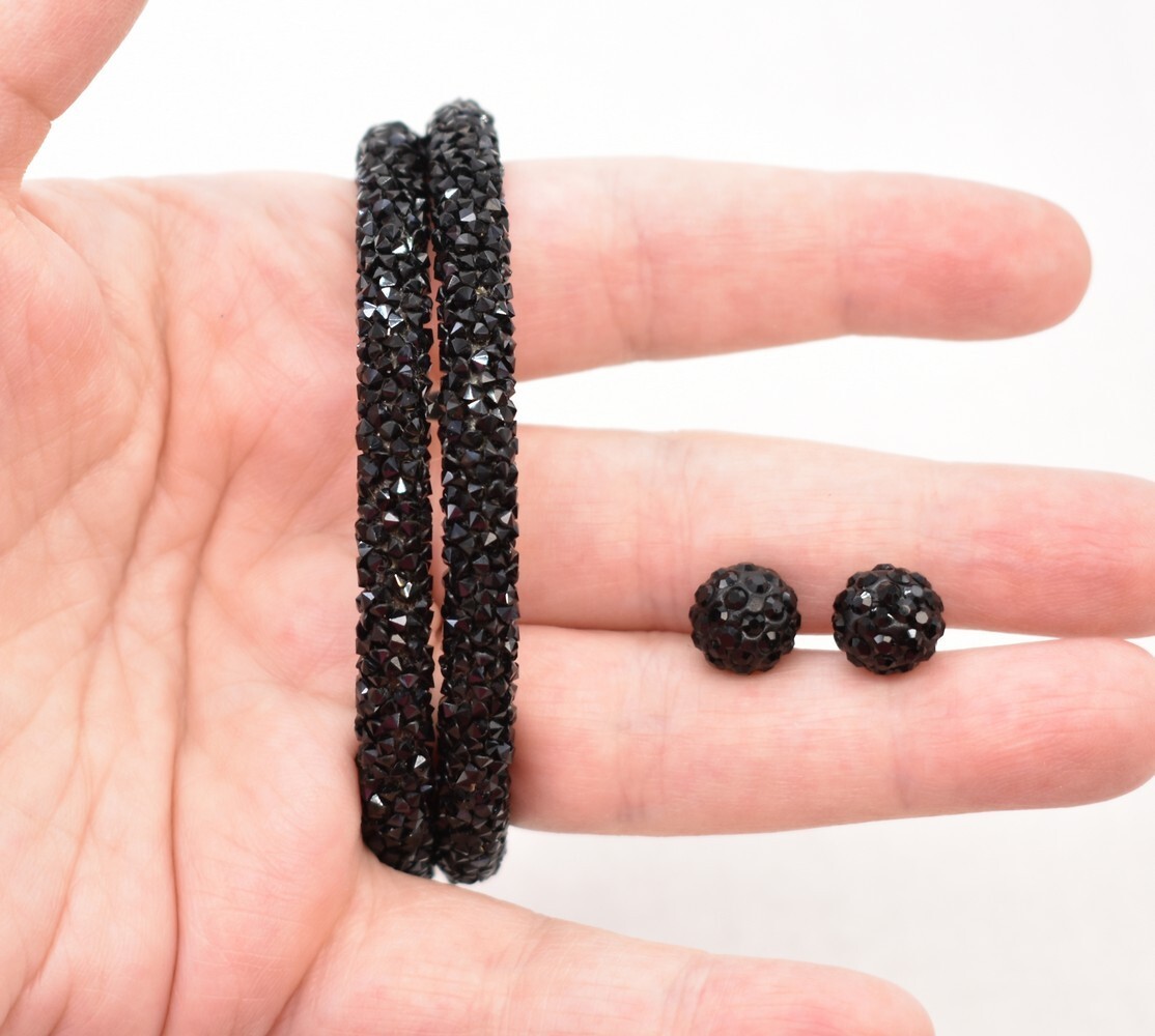 7.5″ Black Rhinestone Druzy Wrap Bracelet/Ball Stud Earrings Silver Tone