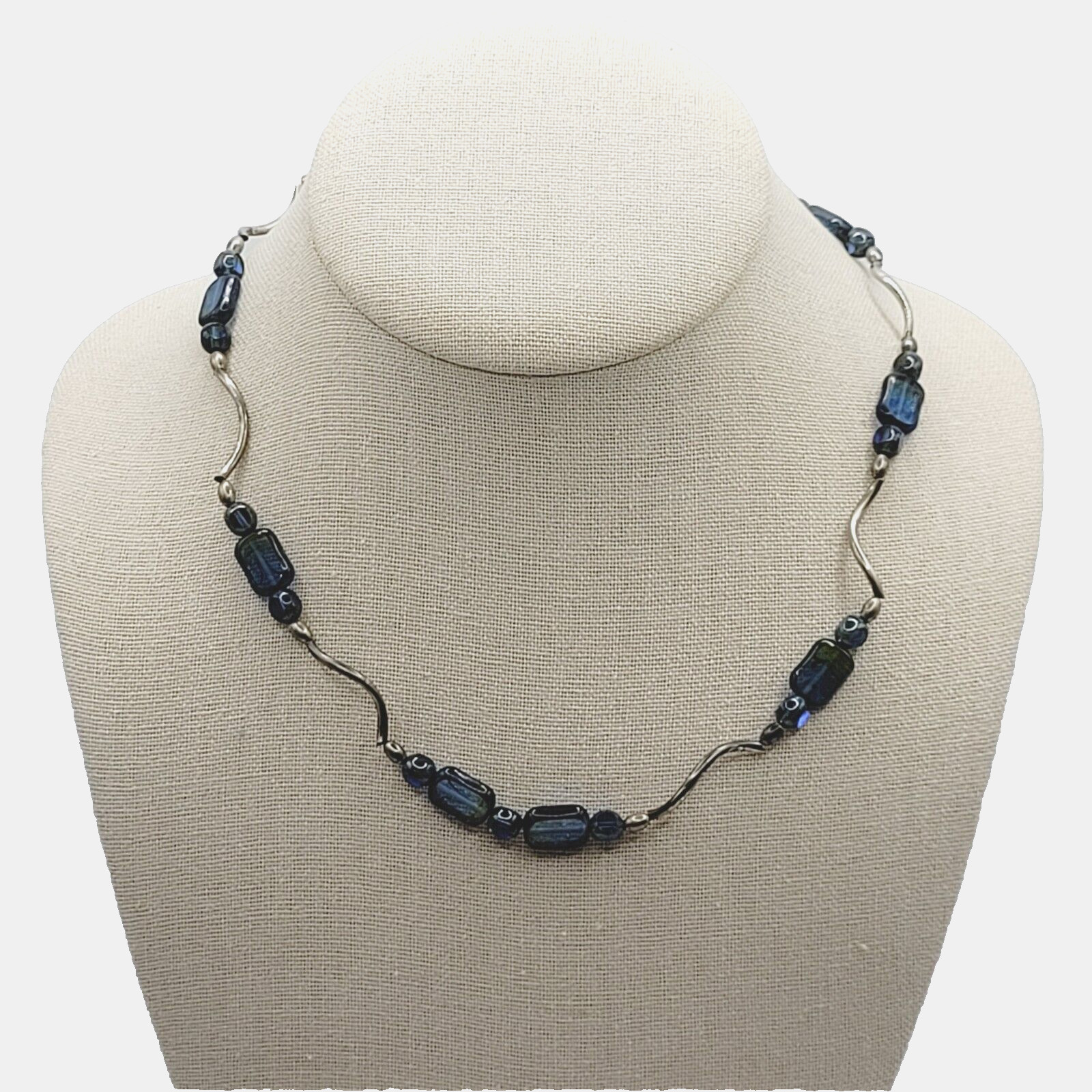 Vintage Blue Green Translucent Art Glass Necklace Wavy Silver Tone Alloy 18 in