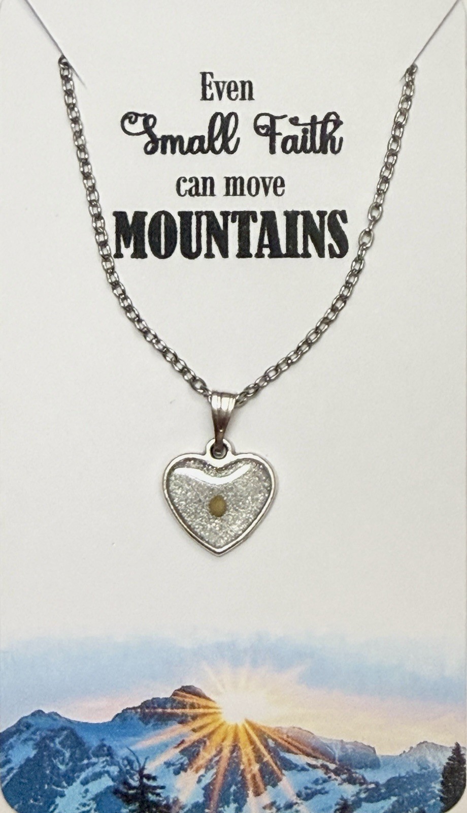 New Mustard Seed Silver Heart Pendant On 24” Stainless Steel Necklace! Scripture