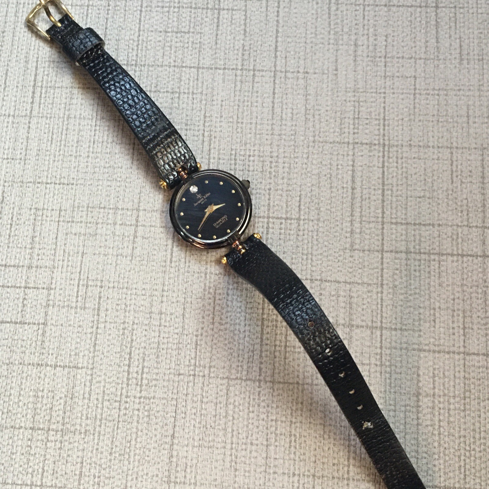 Jacques Edho Paris Diamond Quartz Wristwatch 18K Gold Plate Black Leather Band