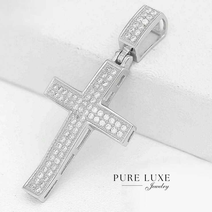 Men’s 925 Sterling Silver 39mm CROSS Small Cubic Zirconia Pendant,Unisex.BOX