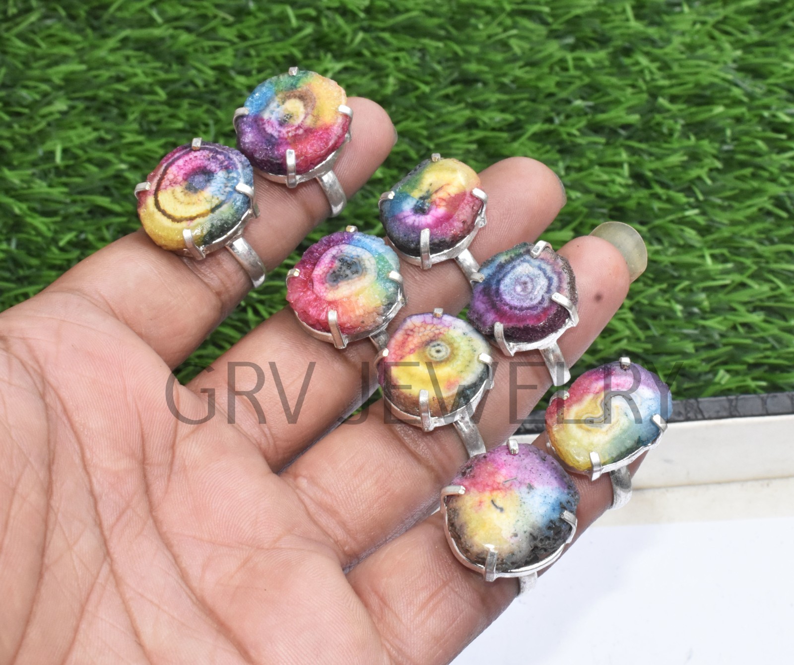 1-500 Pcs Natural Rainbow Solar Quartz In Rings Lot Bulk: Silver Plated Whr-70