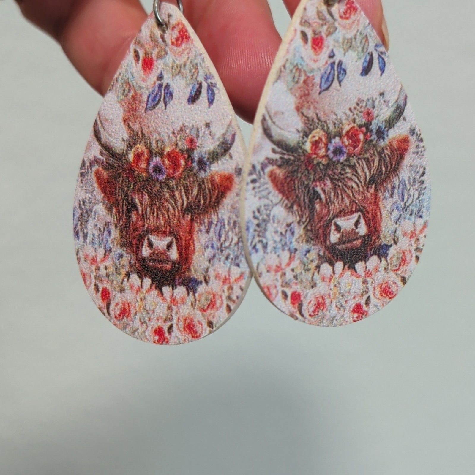 Multicolor Wood Highland Cow Print Teardrop Dangle/Drop Hook Earrings