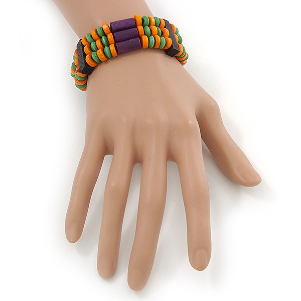 Multicoloured Wood Bead & Bar Flex Bracelet (Purple, Orange, Green) – 18cm