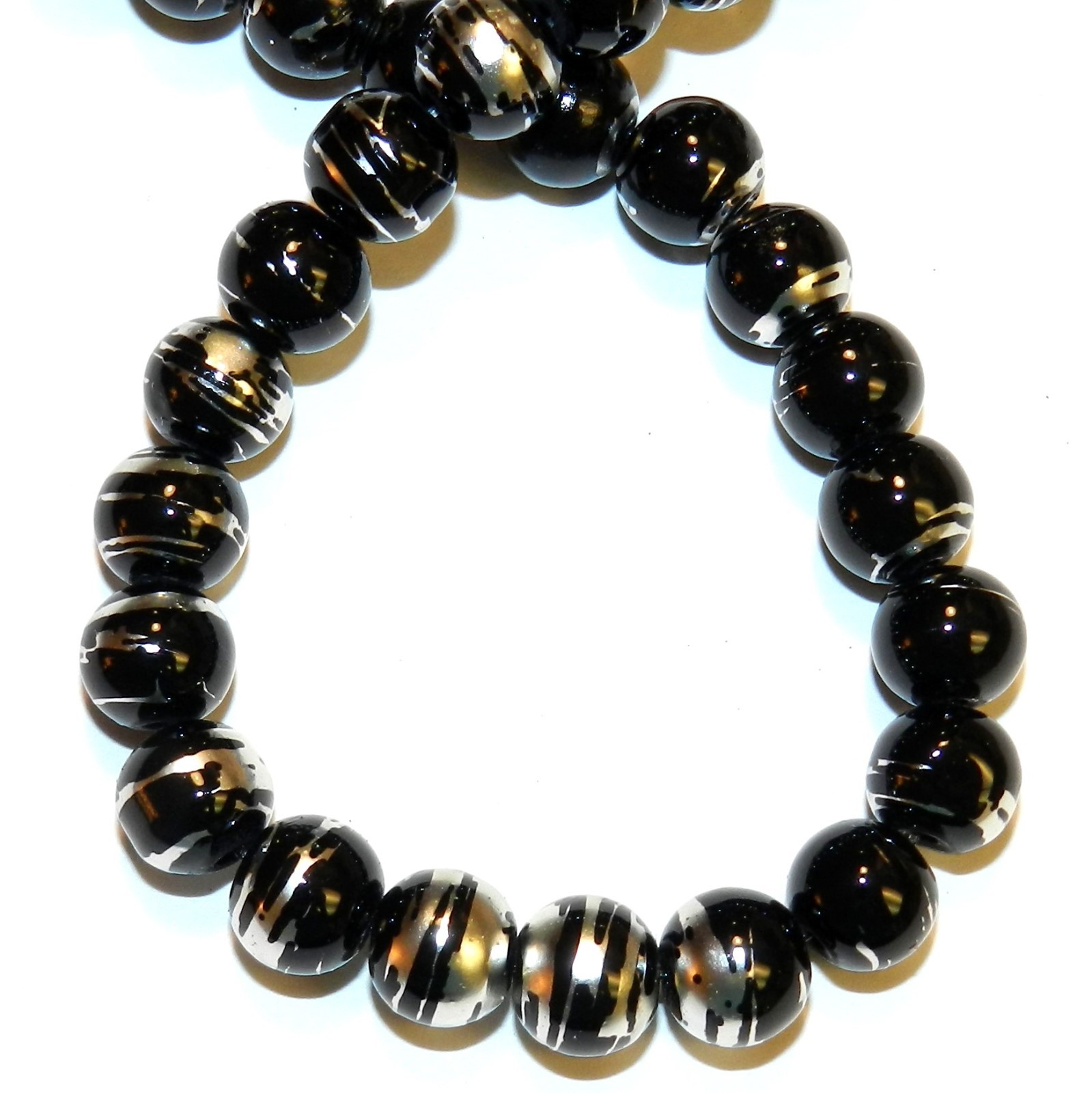 G1772 Black Opaque 8mm Round Silver Swirl Metallic Drawbench Glass Beads 32″