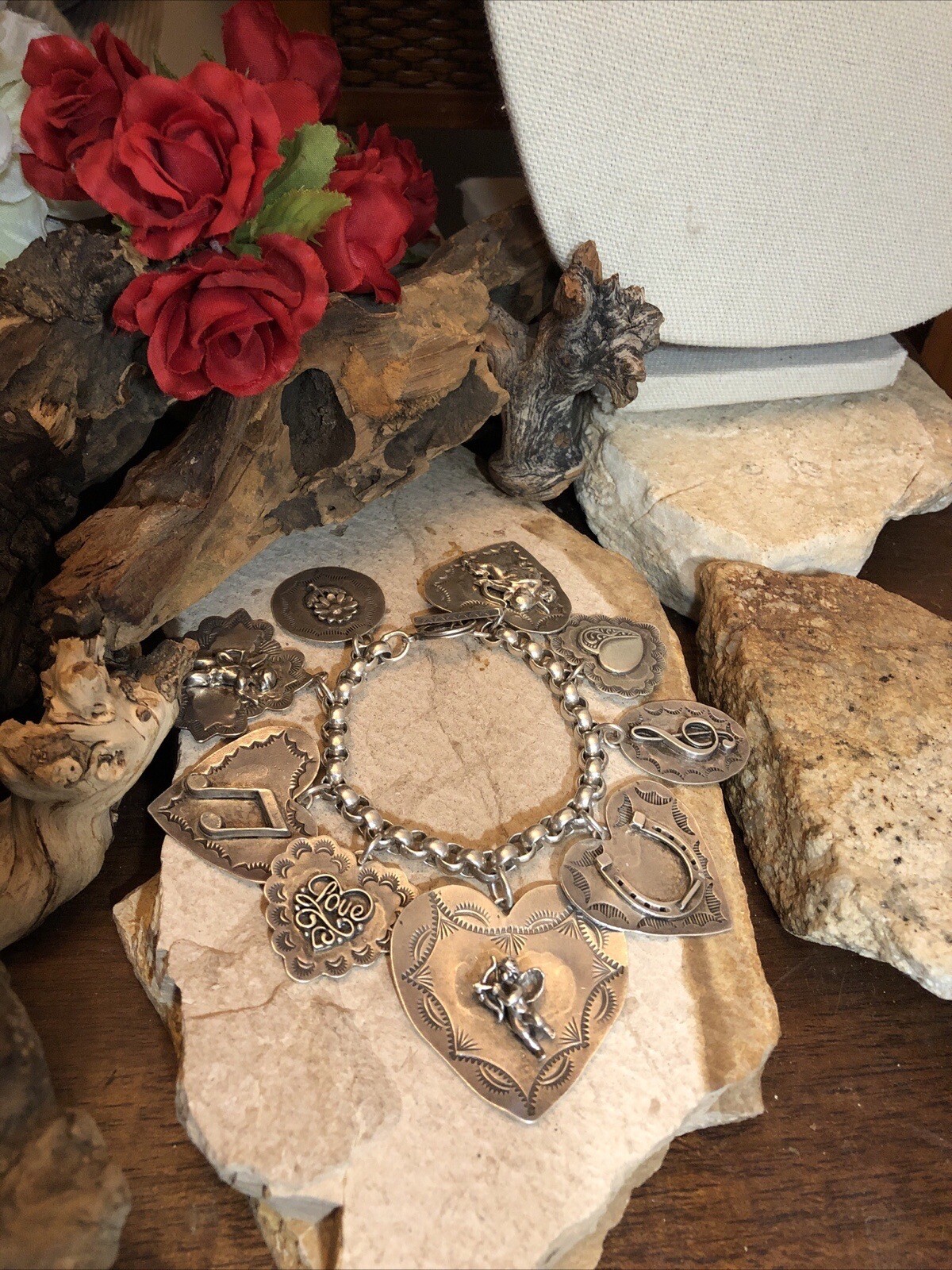 6. Vintage Joan Slifka Sterling 925 Large Heart Angel Love Luck Charm bracelet
